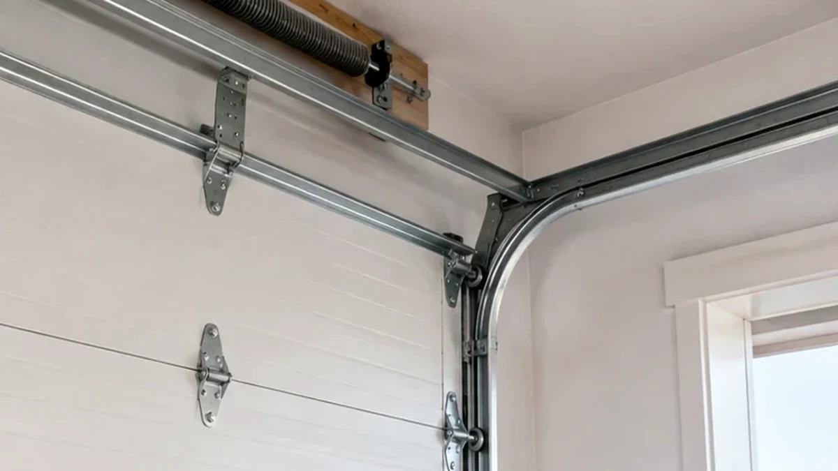 Palo Alto garage door repair hardware showing tracks, rollers, hinges, and sectional door parts